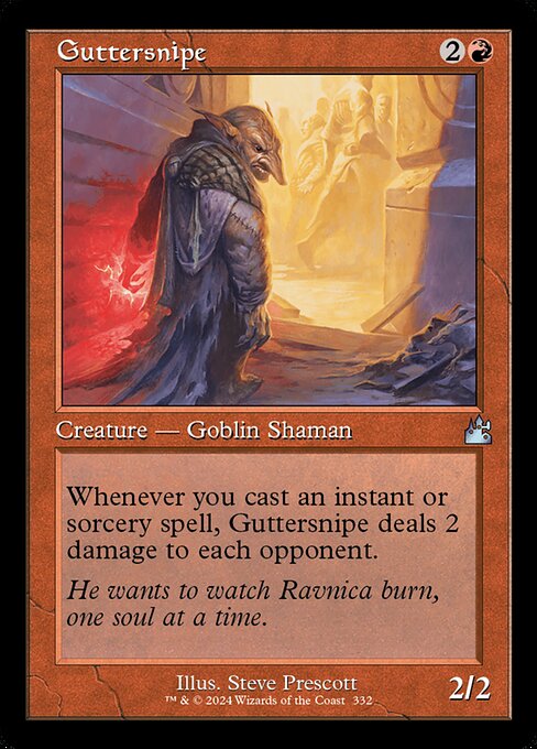 Whenever you cast an instant or sorcery spell, Guttersnipe deals 2 damage to each opponent.