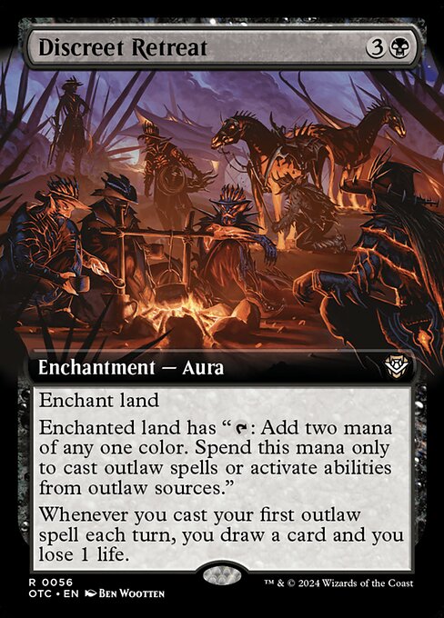 Enchant land
Enchanted land has "{T}: Add two mana of any one color. Spend this mana only to cast outlaw spells or activate abilities from outlaw sources." (Assassins, Mercenaries, Pirates, Rogues, and Warlocks are outlaws.)
Whenever you cast your first outlaw spell each turn, you draw a card and you lose 1 life.