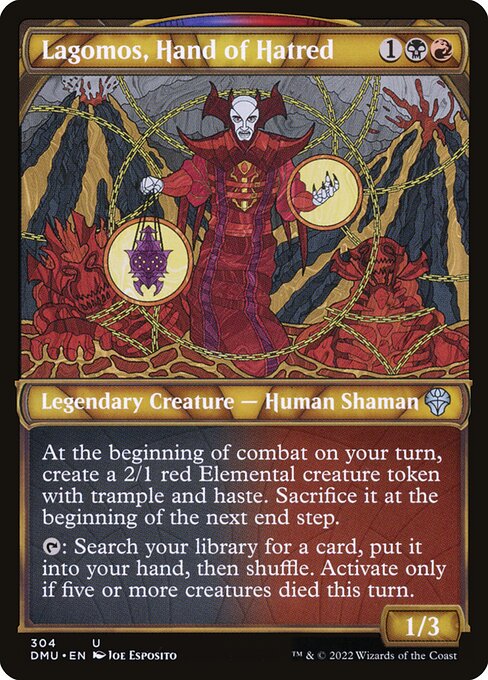 At the beginning of combat on your turn, create a 2/1 red Elemental creature token with trample and haste. Sacrifice it at the beginning of the next end step.
{T}: Search your library for a card, put it into your hand, then shuffle. Activate only if five or more creatures died this turn.