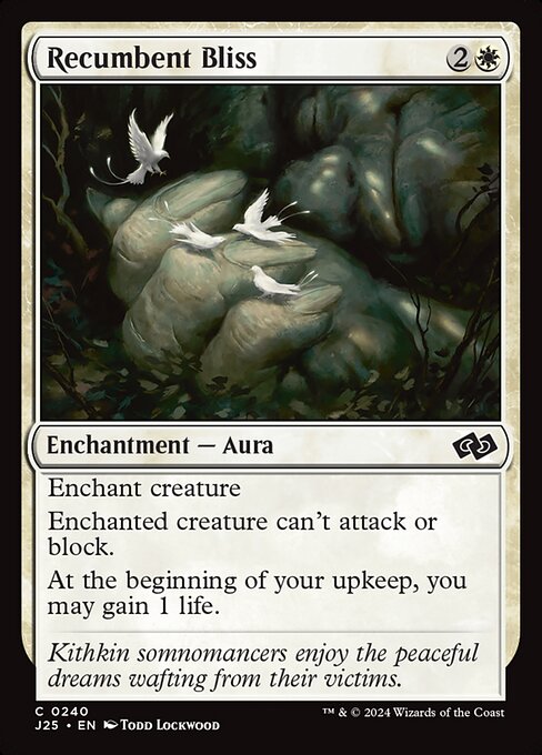 Enchant creature
Enchanted creature can't attack or block.
At the beginning of your upkeep, you may gain 1 life.