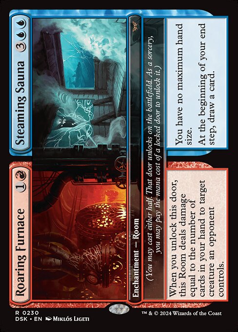 When you unlock this door, this Room deals damage equal to the number of cards in your hand to target creature an opponent controls.
(You may cast either half. That door unlocks on the battlefield. As a sorcery, you may pay the mana cost of a locked door to unlock it.)   You have no maximum hand size.
At the beginning of your end step, draw a card.
(You may cast either half. That door unlocks on the battlefield. As a sorcery, you may pay the mana cost of a locked door to unlock it.)