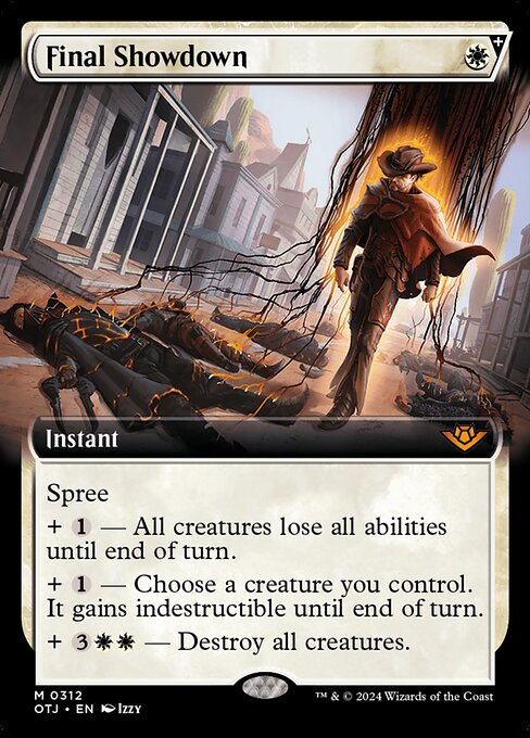Spree (Choose one or more additional costs.)
+ {1} — All creatures lose all abilities until end of turn.
+ {1} — Choose a creature you control. It gains indestructible until end of turn.
+ {3}{W}{W} — Destroy all creatures.