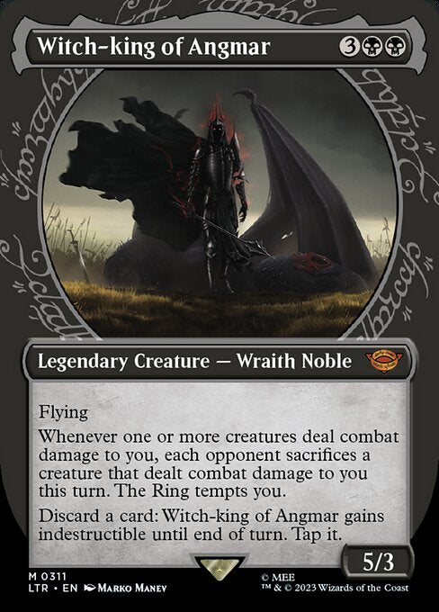 Flying
Whenever one or more creatures deal combat damage to you, each opponent sacrifices a creature that dealt combat damage to you this turn. The Ring tempts you.
Discard a card: Witch-king of Angmar gains indestructible until end of turn. Tap it.