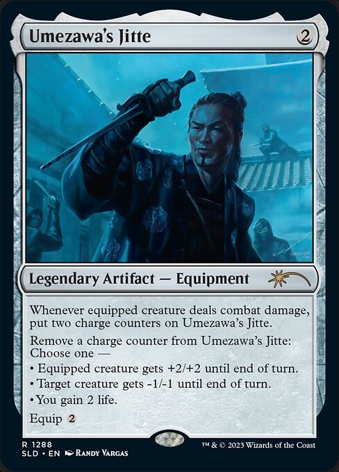 Whenever equipped creature deals combat damage, put two charge counters on Umezawa's Jitte.
Remove a charge counter from Umezawa's Jitte: Choose one —
• Equipped creature gets +2/+2 until end of turn.
• Target creature gets -1/-1 until end of turn.
• You gain 2 life.
Equip {2}