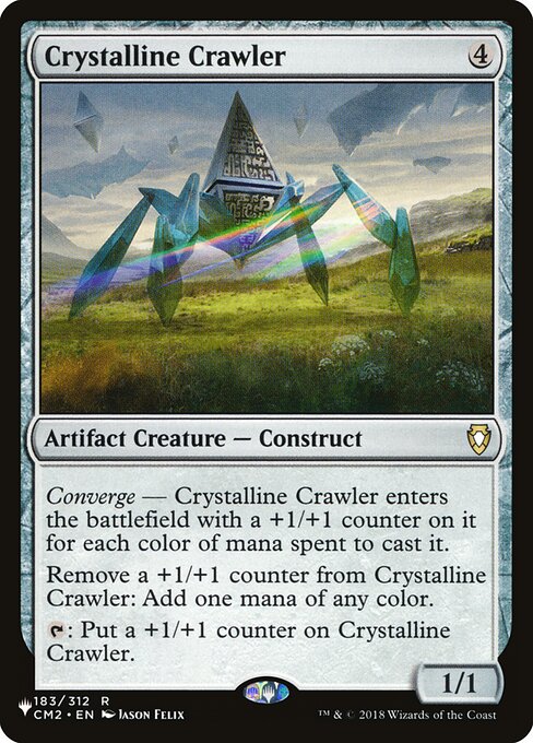 Converge — Crystalline Crawler enters with a +1/+1 counter on it for each color of mana spent to cast it.
Remove a +1/+1 counter from Crystalline Crawler: Add one mana of any color.
{T}: Put a +1/+1 counter on Crystalline Crawler.