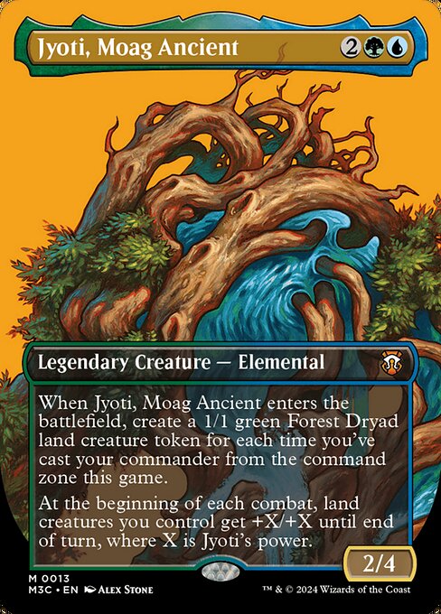 When Jyoti, Moag Ancient enters, create a 1/1 green Forest Dryad land creature token for each time you've cast your commander from the command zone this game. (They're affected by summoning sickness.)
At the beginning of each combat, land creatures you control get +X/+X until end of turn, where X is Jyoti's power.