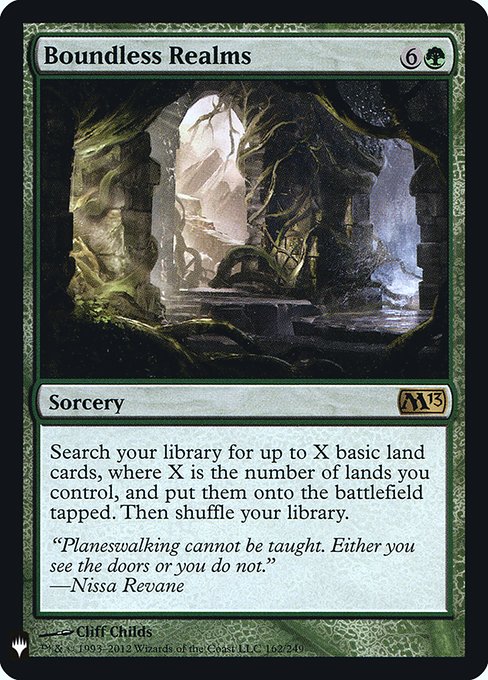 Search your library for up to X basic land cards, where X is the number of lands you control, put them onto the battlefield tapped, then shuffle.