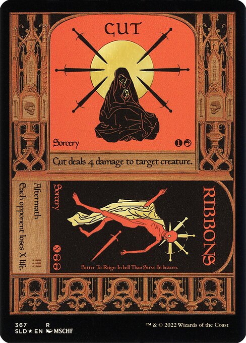 Cut deals 4 damage to target creature.   Aftermath (Cast this spell only from your graveyard. Then exile it.)
Each opponent loses X life.