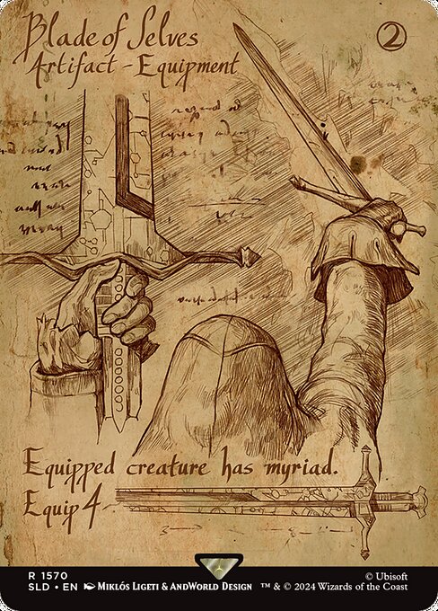 Equipped creature has myriad. (Whenever it attacks, for each opponent other than defending player, you may create a token copy that's tapped and attacking that player or a planeswalker they control. Exile the tokens at end of combat.)
Equip {4}