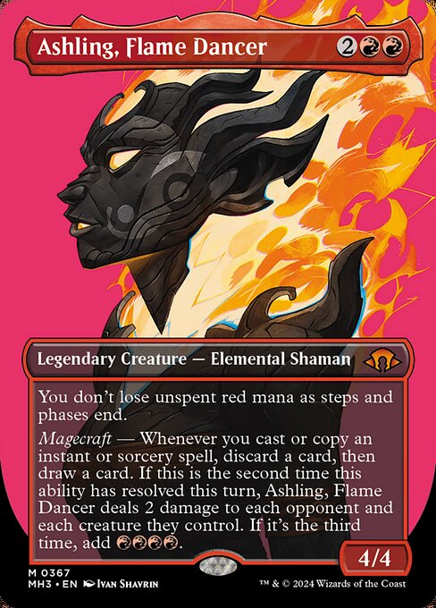 You don't lose unspent red mana as steps and phases end.
Magecraft — Whenever you cast or copy an instant or sorcery spell, discard a card, then draw a card. If this is the second time this ability has resolved this turn, Ashling, Flame Dancer deals 2 damage to each opponent and each creature they control. If it's the third time, add {R}{R}{R}{R}.