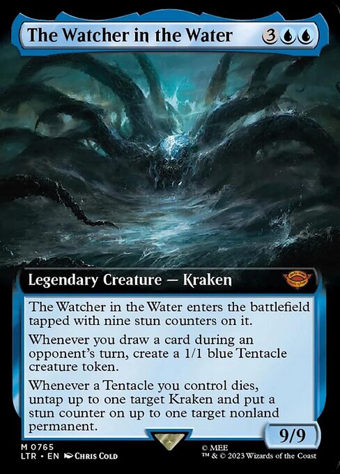 The Watcher in the Water enters the battlefield tapped with nine stun counters on it. (If a permanent with a stun counter would become untapped, remove one from it instead.)
Whenever you draw a card during an opponent's turn, create a 1/1 blue Tentacle creature token.
Whenever a Tentacle you control dies, untap up to one target Kraken and put a stun counter on up to one target nonland permanent.
