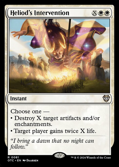 Choose one —
• Destroy X target artifacts and/or enchantments.
• Target player gains twice X life.