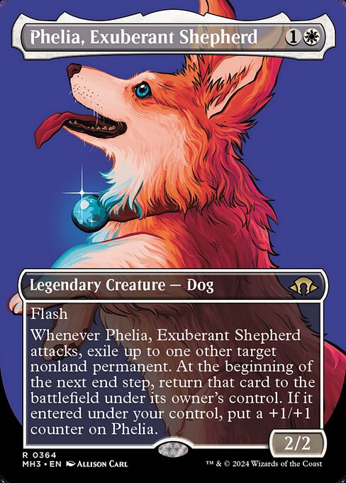 Flash
Whenever Phelia, Exuberant Shepherd attacks, exile up to one other target nonland permanent. At the beginning of the next end step, return that card to the battlefield under its owner's control. If it entered under your control, put a +1/+1 counter on Phelia.