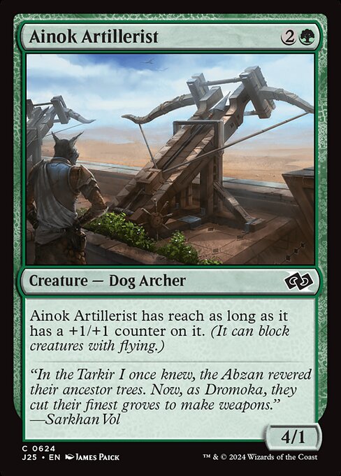 Ainok Artillerist has reach as long as it has a +1/+1 counter on it. (It can block creatures with flying.)