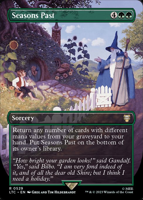 Return any number of cards with different mana values from your graveyard to your hand. Put Seasons Past on the bottom of its owner's library.