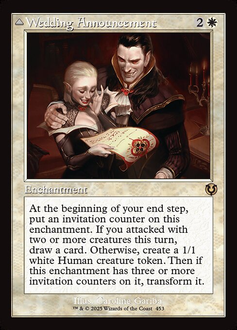 At the beginning of your end step, put an invitation counter on this enchantment. If you attacked with two or more creatures this turn, draw a card. Otherwise, create a 1/1 white Human creature token. Then if this enchantment has three or more invitation counters on it, transform it.   Creatures you control get +1/+1.