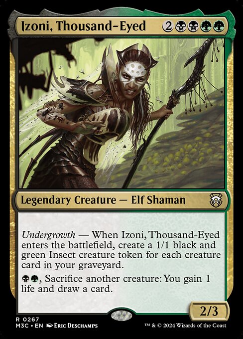 Undergrowth — When Izoni, Thousand-Eyed enters, create a 1/1 black and green Insect creature token for each creature card in your graveyard.
{B}{G}, Sacrifice another creature: You gain 1 life and draw a card.
