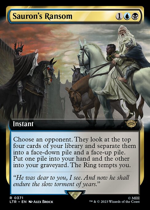 Choose an opponent. They look at the top four cards of your library and separate them into a face-down pile and a face-up pile. Put one pile into your hand and the other into your graveyard. The Ring tempts you.