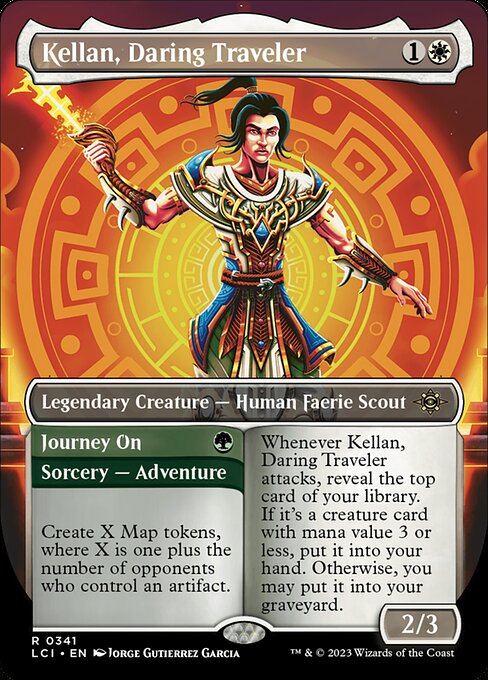 Whenever Kellan, Daring Traveler attacks, reveal the top card of your library. If it's a creature card with mana value 3 or less, put it into your hand. Otherwise, you may put it into your graveyard.   Create X Map tokens, where X is one plus the number of opponents who control an artifact. (Then exile this card. You may cast the creature later from exile.)
