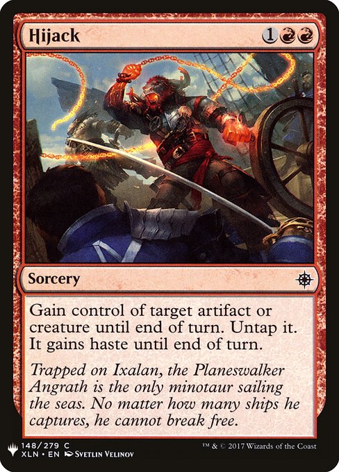 Gain control of target artifact or creature until end of turn. Untap it. It gains haste until end of turn.