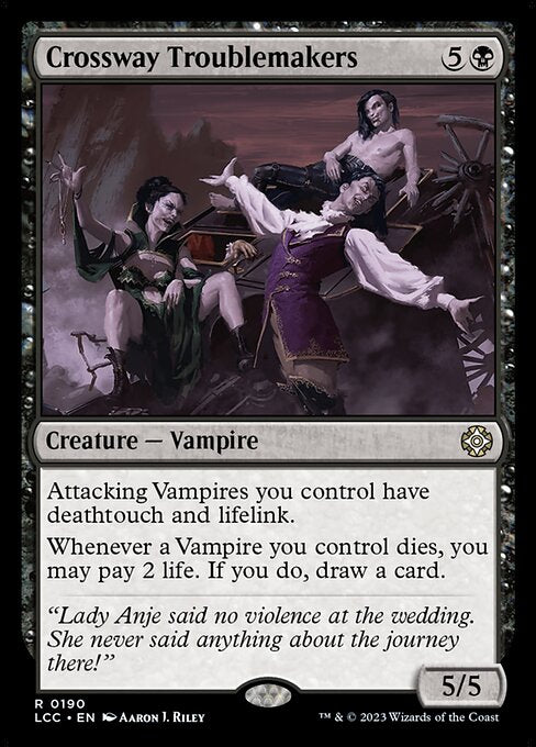 Attacking Vampires you control have deathtouch and lifelink. (Any amount of damage they deal to a creature is enough to destroy it. Damage dealt by those creatures also causes their controller to gain that much life.)
Whenever a Vampire you control dies, you may pay 2 life. If you do, draw a card.