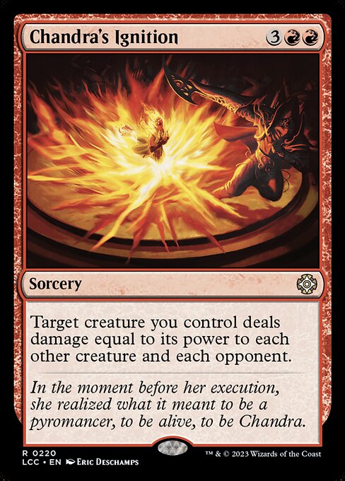 Target creature you control deals damage equal to its power to each other creature and each opponent.