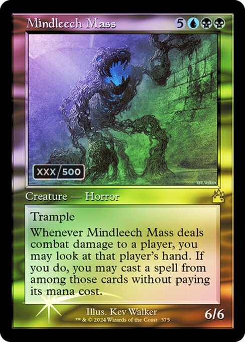 Trample
Whenever Mindleech Mass deals combat damage to a player, you may look at that player's hand. If you do, you may cast a spell from among those cards without paying its mana cost.