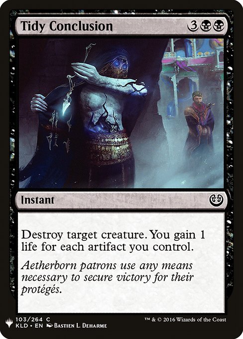 Destroy target creature. You gain 1 life for each artifact you control.