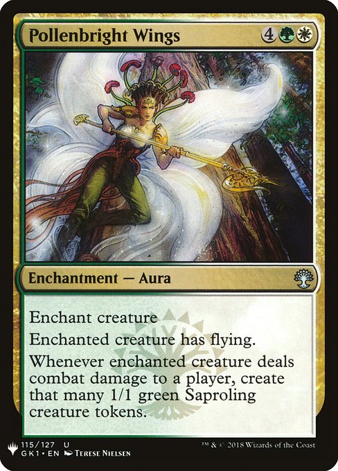 Enchant creature
Enchanted creature has flying.
Whenever enchanted creature deals combat damage to a player, create that many 1/1 green Saproling creature tokens.
