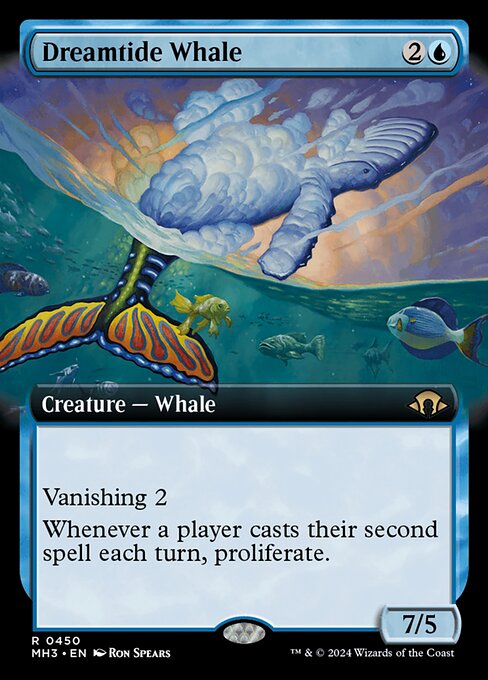 Vanishing 2 (This creature enters the battlefield with two time counters on it. At the beginning of your upkeep, remove a time counter from it. When the last is removed, sacrifice it.)
Whenever a player casts their second spell each turn, proliferate. (Choose any number of permanents and/or players, then give each another counter of each kind already there.)