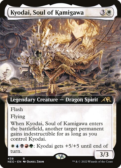 Flash
Flying
When Kyodai, Soul of Kamigawa enters the battlefield, another target permanent gains indestructible for as long as you control Kyodai.
{W}{U}{B}{R}{G}: Kyodai gets +5/+5 until end of turn.