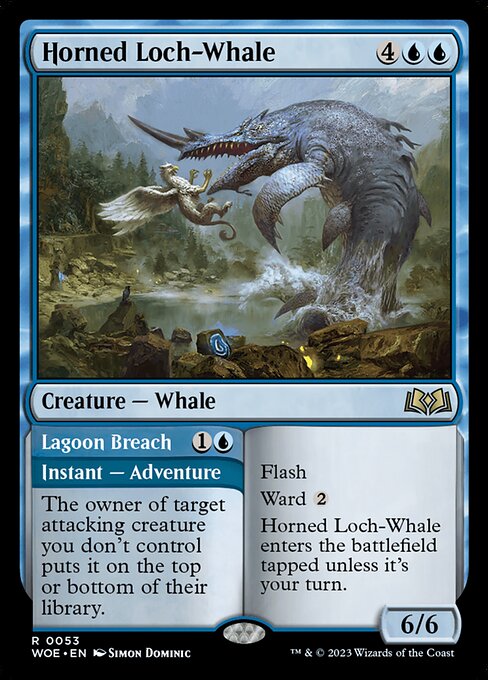 Flash
Ward {2}
Horned Loch-Whale enters the battlefield tapped unless it's your turn.   The owner of target attacking creature you don't control puts it on the top or bottom of their library.