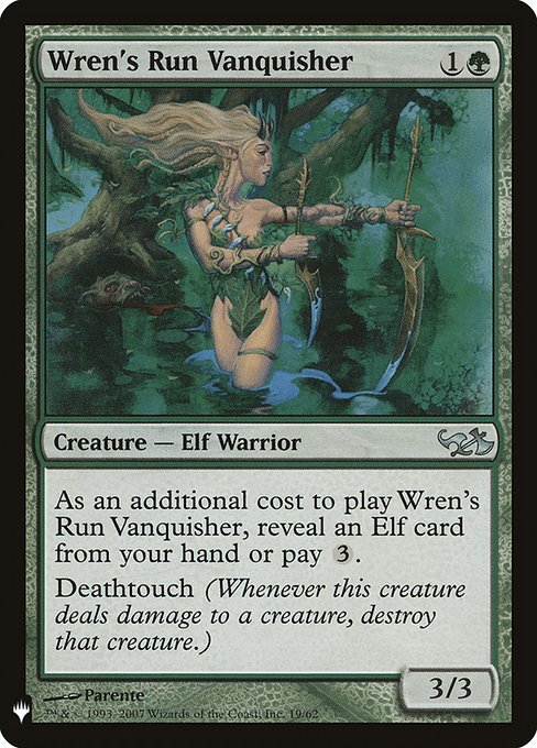As an additional cost to cast this spell, reveal an Elf card from your hand or pay {3}.
Deathtouch (Any amount of damage this deals to a creature is enough to destroy it.)