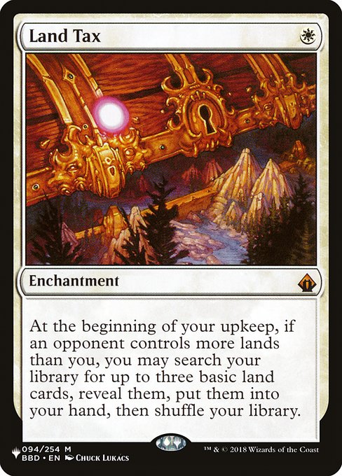 At the beginning of your upkeep, if an opponent controls more lands than you, you may search your library for up to three basic land cards, reveal them, put them into your hand, then shuffle.