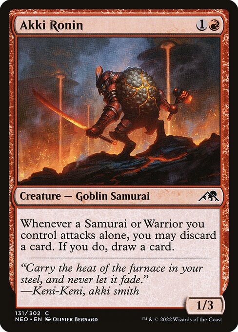 Whenever a Samurai or Warrior you control attacks alone, you may discard a card. If you do, draw a card.