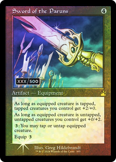 As long as equipped creature is tapped, tapped creatures you control get +2/+0.
As long as equipped creature is untapped, untapped creatures you control get +0/+2.
{3}: You may tap or untap equipped creature.
Equip {3}
