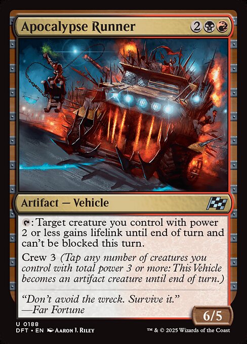 {T}: Target creature you control with power 2 or less gains lifelink until end of turn and can't be blocked this turn.
Crew 3 (Tap any number of creatures you control with total power 3 or more: This Vehicle becomes an artifact creature until end of turn.)