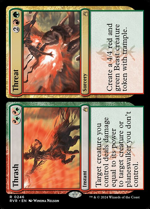 Target creature you control deals damage equal to its power to target creature or planeswalker you don't control.   Create a 4/4 red and green Beast creature token with trample.