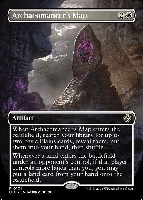 When this artifact enters, search your library for up to two basic Plains cards, reveal them, put them into your hand, then shuffle.
Whenever a land an opponent controls enters, if that player controls more lands than you, you may put a land card from your hand onto the battlefield.