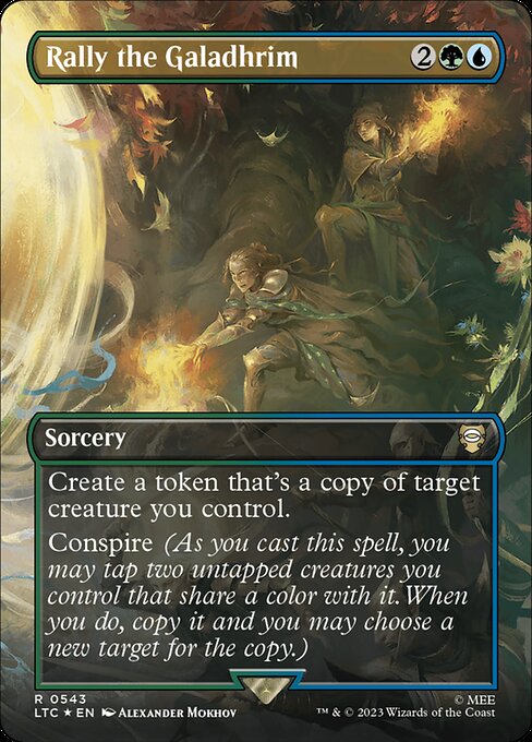 Create a token that's a copy of target creature you control.
Conspire (As you cast this spell, you may tap two untapped creatures you control that share a color with it. When you do, copy it and you may choose a new target for the copy.)