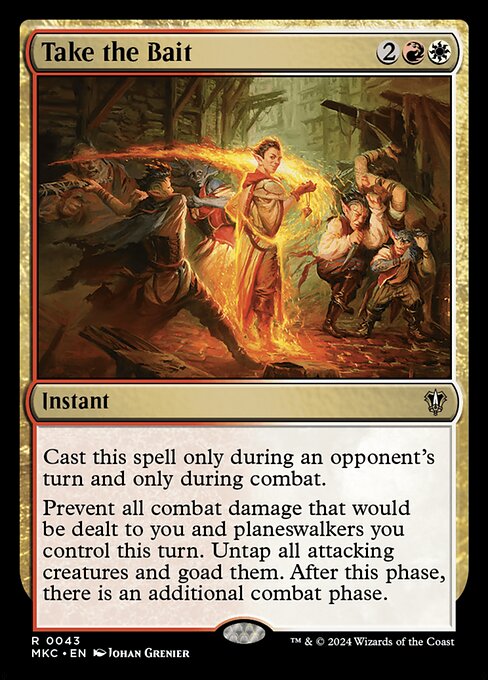 Cast this spell only during an opponent's turn and only during combat.
Prevent all combat damage that would be dealt to you and planeswalkers you control this turn. Untap all attacking creatures and goad them. After this phase, there is an additional combat phase.