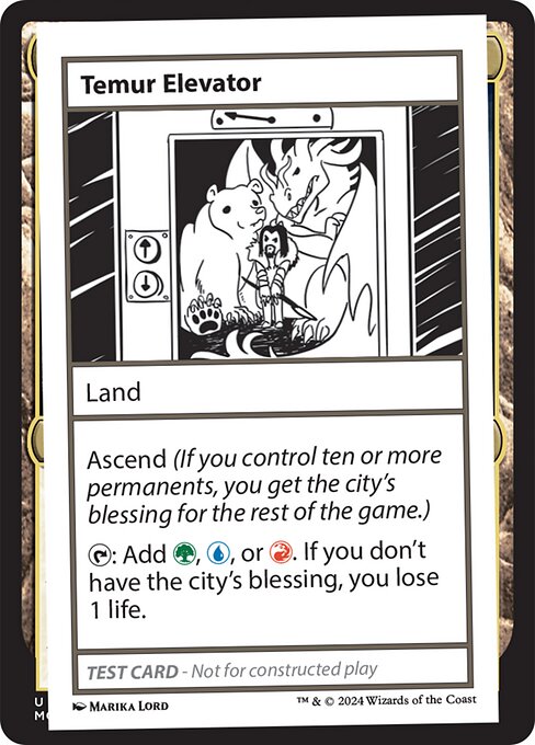 Ascend (If you control ten or more permanents, you get the city's blessing for the rest of the game.)
{T}: Add {G}, {U}, or {R}. If you don't have the city's blessing, you lose 1 life.