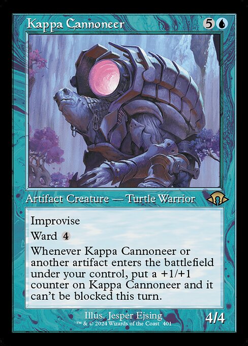 Improvise (Your artifacts can help cast this spell. Each artifact you tap after you're done activating mana abilities pays for {1}.)
Ward {4}
Whenever Kappa Cannoneer or another artifact enters the battlefield under your control, put a +1/+1 counter on Kappa Cannoneer and it can't be blocked this turn.