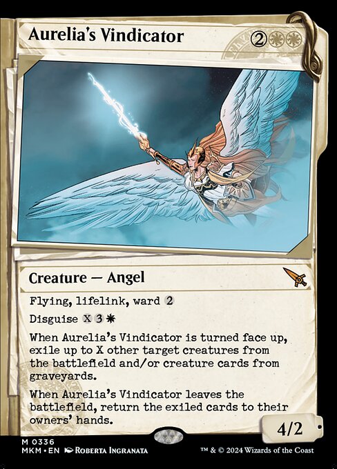 Flying, lifelink, ward {2}
Disguise {X}{3}{W}
When Aurelia's Vindicator is turned face up, exile up to X other target creatures from the battlefield and/or creature cards from graveyards.
When Aurelia's Vindicator leaves the battlefield, return the exiled cards to their owners' hands.