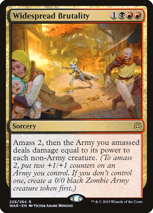 Amass Zombies 2, then the Army you amassed deals damage equal to its power to each non-Army creature. (To amass Zombies 2, put two +1/+1 counters on an Army you control. It's also a Zombie. If you don't control an Army, create a 0/0 black Zombie Army creature token first.)