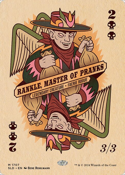 Flying, haste
Whenever Rankle, Master of Pranks deals combat damage to a player, choose any number —
• Each player discards a card.
• Each player loses 1 life and draws a card.
• Each player sacrifices a creature.