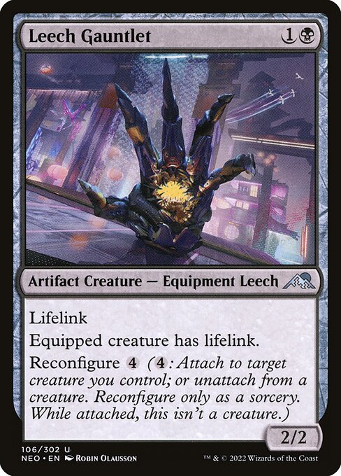 Lifelink
Equipped creature has lifelink.
Reconfigure {4} ({4}: Attach to target creature you control; or unattach from a creature. Reconfigure only as a sorcery. While attached, this isn't a creature.)