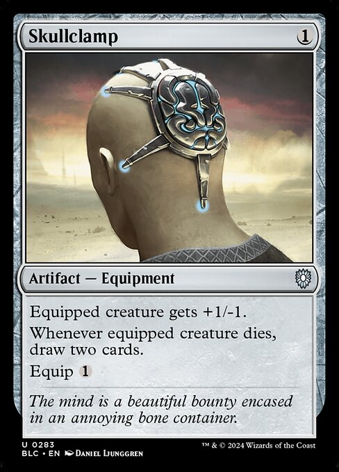 Equipped creature gets +1/-1.
Whenever equipped creature dies, draw two cards.
Equip {1}