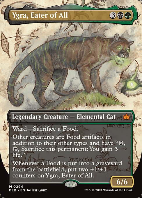Ward—Sacrifice a Food.
Other creatures are Food artifacts in addition to their other types and have "{2}, {T}, Sacrifice this permanent: You gain 3 life."
Whenever a Food is put into a graveyard from the battlefield, put two +1/+1 counters on Ygra, Eater of All.