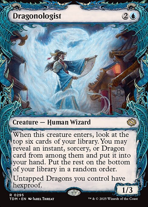 When this creature enters, look at the top six cards of your library. You may reveal an instant, sorcery, or Dragon card from among them and put it into your hand. Put the rest on the bottom of your library in a random order.
Untapped Dragons you control have hexproof.